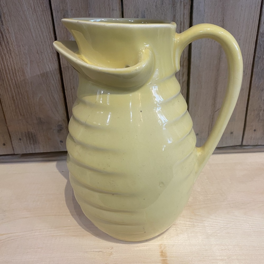 VTG MCM Ringware‎ Yellow Ceramic Ribbed Pitcher Jug Flower Frog Spout Unique 9"